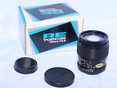 Topcon RE Topcor 135mmm f2.8 telephoto lens. Topcon Super Dm. BOX