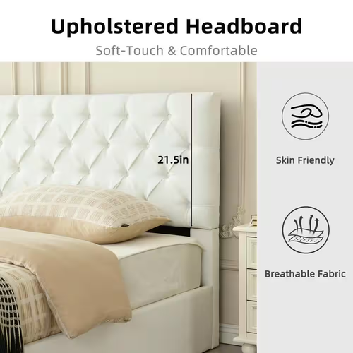 White Frame King Size Upholstered Platform Bed with Lift-Up Storage Supported by - Picture 8 of 11