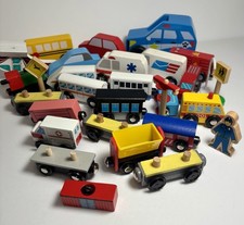 Lot 30 Wooden Train Cars Town Vehicles Police Bus Signs Melissa Doug Brio Fit