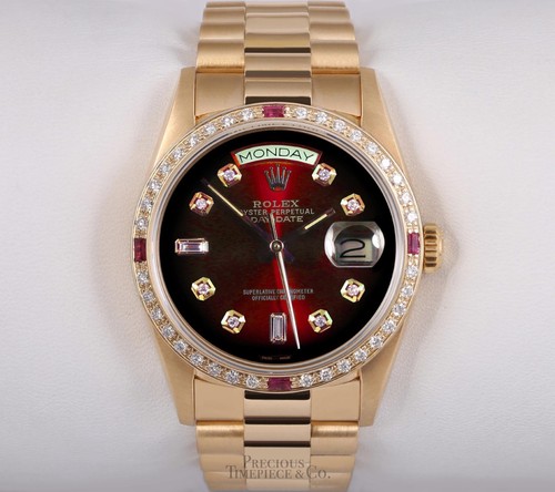 Rolex Day-Date 36 mm 18238 18 carati President YG lunetta diamantata rubino quadrante rosso vignetta - Foto 2 di 5
