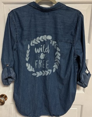 Wild & Free Upcycled Bleach Lightweight Denim Chambray Over Head Top Size Large
