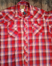 Wrangler Western Shirt Mens 2XL Red Plaid Short Sleeve Pearl Snap Vintage    