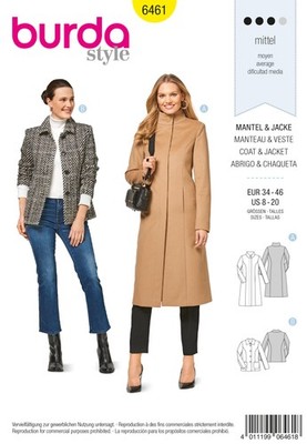 Schnittmuster Mantel und Jacke Burda 6461 US 8-20 (Gr. 34-46) Deutsche Anleitung