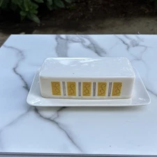 Vintage Mikasa mid-century modern striped yellow and black butter dish with top