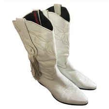 Laredo Cowboyboots Womens 5 N White Leather Tassel Western Vintage Boho Cowgirl