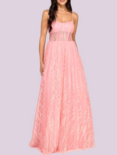 $209 Say Yes Junors' Illusion-Front Lace-up-Back Glitter PROM Gown Size3/4 Blush