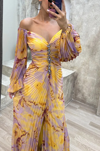 Women Floral Lantern Long Sleeve Dress Elegant Rhinestone Off Shoulder Maxi - Picture 11 of 25