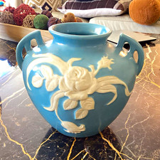 Vintage Weller Pottery Cameo Rose Blue Urn Vase Double Handle Large 7&rdquo;x 9&rdquo; 1930s