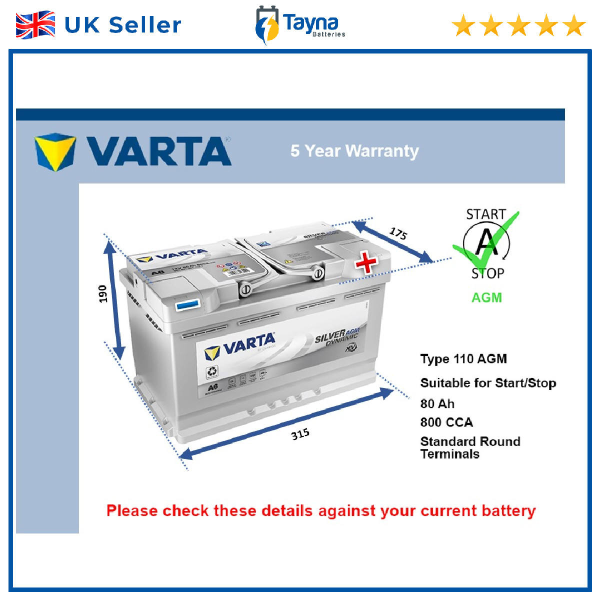 AGM Car Battery A6 Varta 110 AGM 800A 80Ah 5Yr Warranty 315x175x190 Start Stop