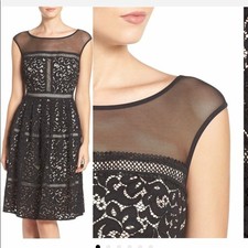 Eliza J Illusion Yoke Black Lace Dress Fit & Flare Date Party Evening Dress Sz 8