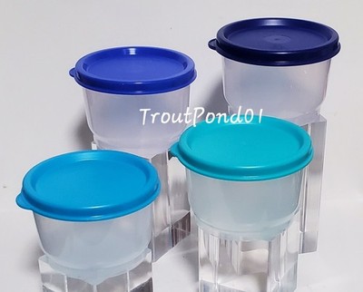 TUPPERWARE Snack Cups Set of 4 Lunch Box 4 oz Bowls Sheer w/ Shades of Blue Lids