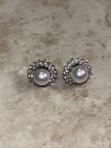 Sterling Silver Faux Pearl & CZ Stud Earrings – Classic Halo Design