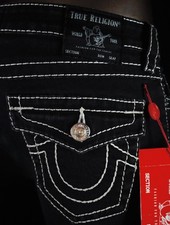  240 True Religion Jean "Halle" Black Thick Stitch Mid-Rise Super Skinny 28 X 28