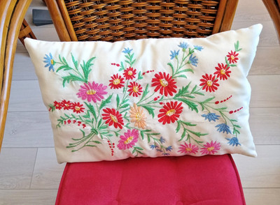 Vintage Upcycled Embroidered Pillow-Flowers-20x13'' Rectangle-Polyester Filled