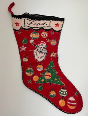 Vtg 1950s MCM Red Flannel Merry Christmas Stocking Santa Ornaments FRED