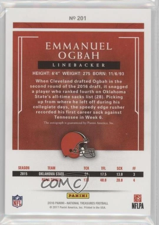 2016 Panini National Treasures Signatures /99 Emmanuel Ogbah #201 Rookie Auto RC - Image 2 of 2