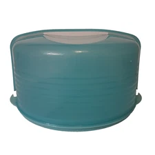 Tupperware 12" Round Aqua/Blue Cake Taker Carrier with Locking Handle Plastic