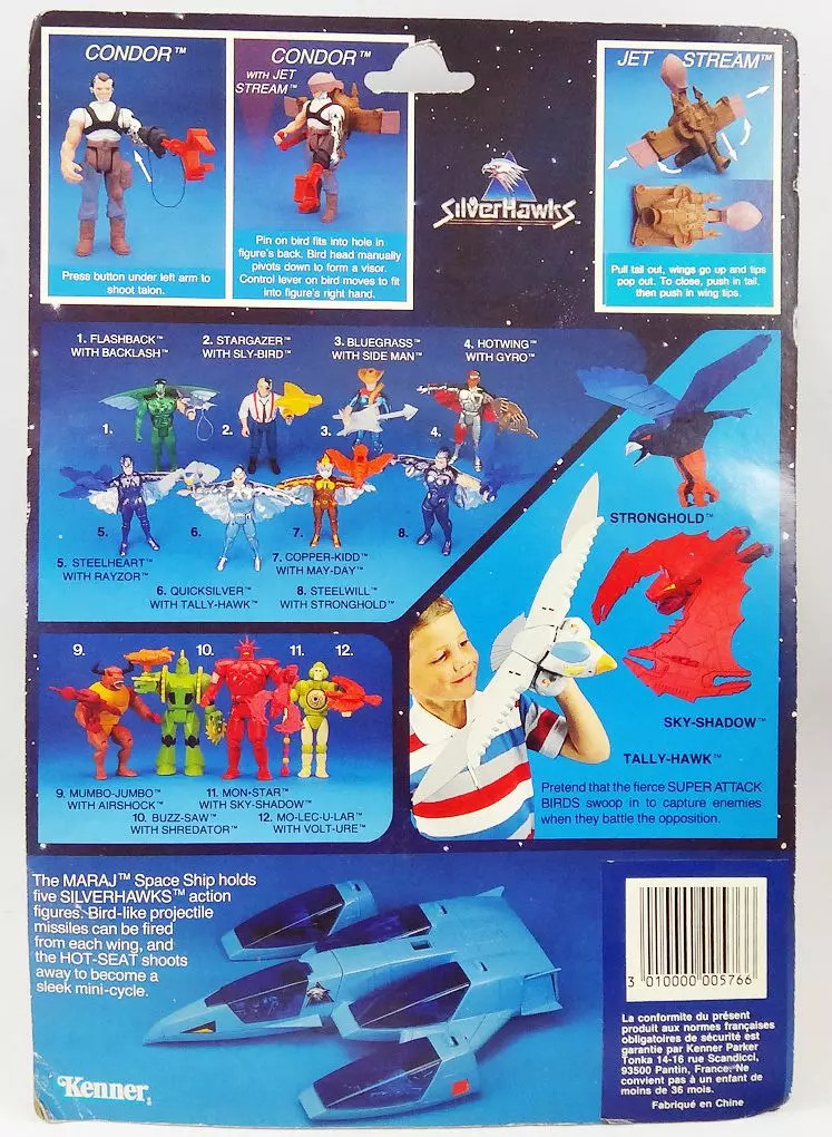 Jouets Silverhawks Kenner Condor et Jet Stream pour décorer une vitrine rétro