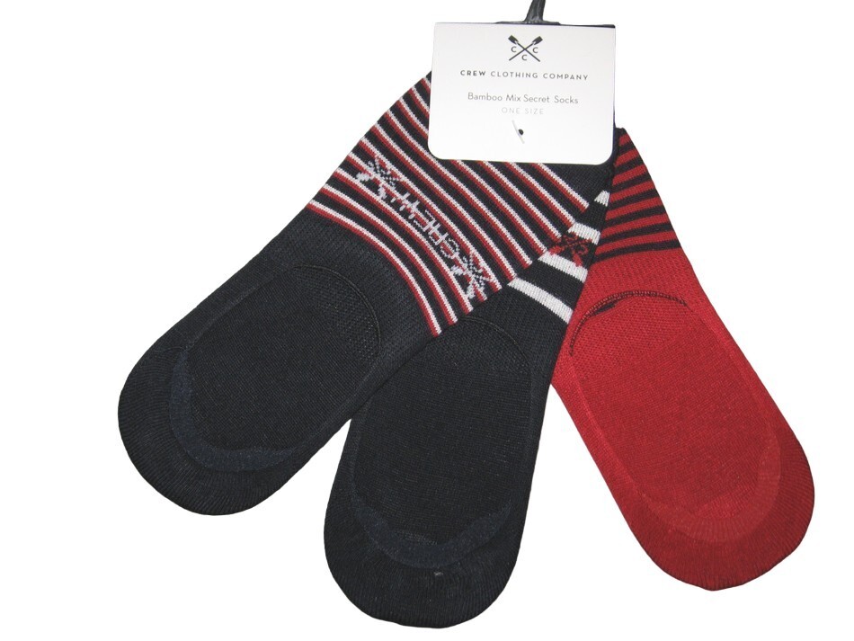 BNWT  CREW CLOTHING Bamboo No Show Trainer Liner Socks Navy Blue Red  3 Pairs