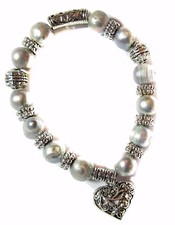 Bracelet Cultured Freshwater Pearl Silver Grey Open Filigree Puffed Heart Charm