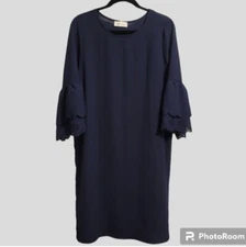 CES FEMME Midi Dress Women's Large Navy Blue Fit & Flare Sleeve Eyelets Formal
