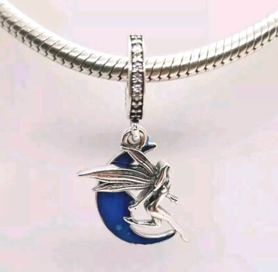  Silber Fee & leuchtender Mond Hänger Charm Anhänger Armband Sterling S925 