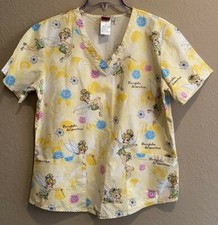 Disney Tinkerbell Yellow "Fairytales do come true" Scrub Top Women's sz Small S