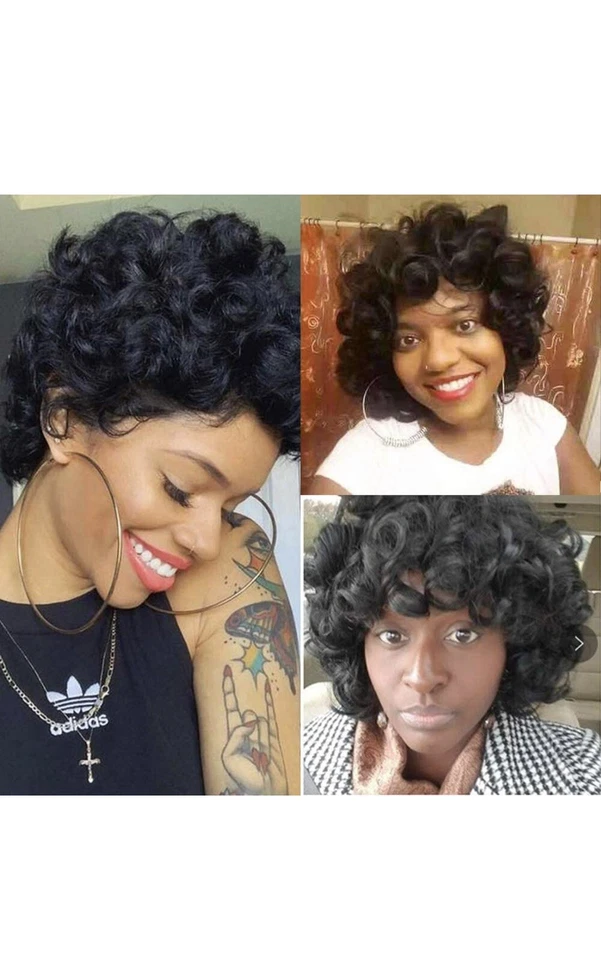 "Peluca de cabello humano virgen 100 % premium West Face corta ondulada negra 9""" Foto 4 de 4