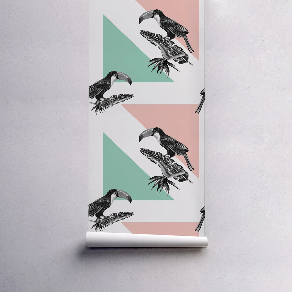 Tucán con triángulo papel pintado no tejido pájaro tropical patrón de figura geométrica Foto 2 de 4