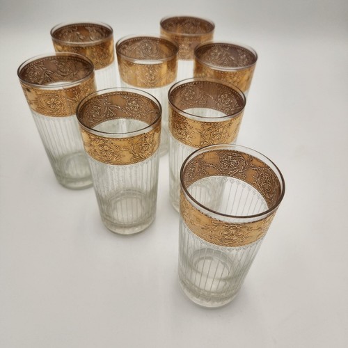 Vintage MCM 8 Culver Tyrol Highball Glasses 22K Gold Band Vertical Spear Pattern - Picture 4 of 10