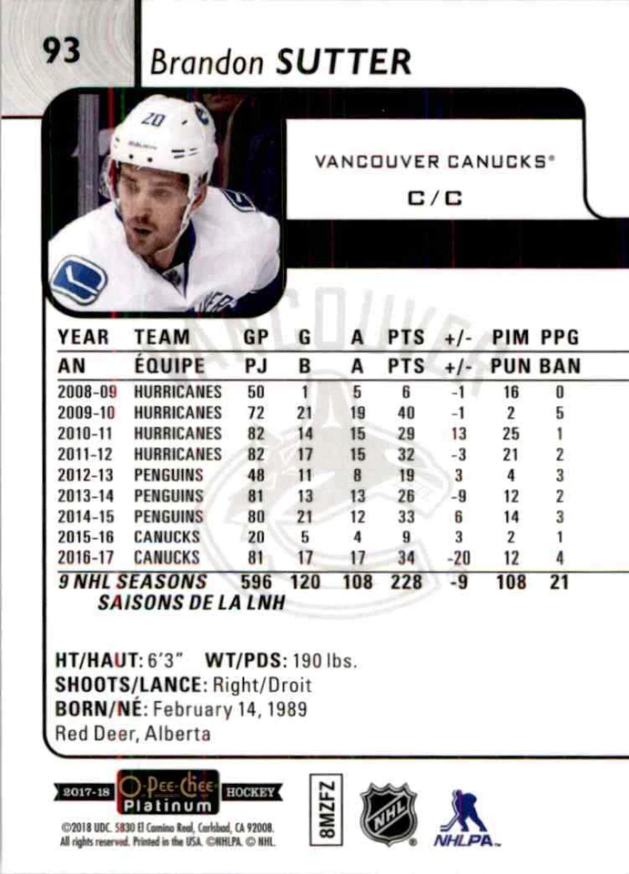 2017-18 O-Pee-Chee Platinum Brandon Sutter #93 - Image 2 of 2