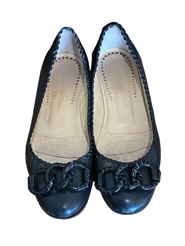 ZAPATOS PLANOS ISABELLA FIORE HECHOS EN ITALIA CUERO NEGRO PUNTO DE LÁTIGO BALLET 8.5 Foto 4 de 4