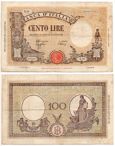 ITALY 100 Lire (WWII 23-08-1943) Pick 167, Very Fine - 第 1/1 張圖片