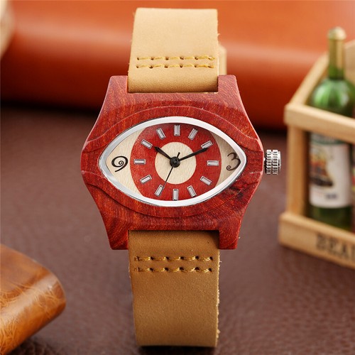 Novel Eye Shape Design Watch Lady Women Wooden Quartz Wristwatch Leather Band - Picture 1 of 9