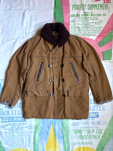 Vintage 60’s French Canadienne Brown Canvas Barnstormer Jacket Medium Shearling - product listing photo