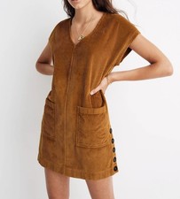 Madewell Corduroy Side-Button Shift Dress V-Neck Medium Antique Gold Casual
