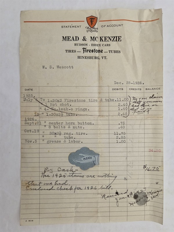 1926 antique MEAD & McKENZIE hinesburg vt FIRESTONE TIRES STATEMENT Hudson Essex