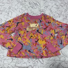 Girls Nike Swoosh Print Pink Long Sleeve Crop Sweater Size XL CU8577-684