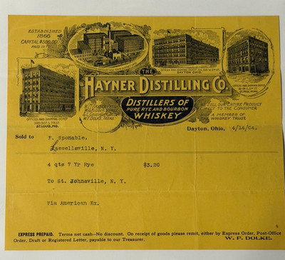 1905 HAYNER DISTILLING CO Whiskey Recipt / invoice (Vintage/Collectible/Antique)