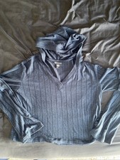 Athleta Harmony Pose Blue V Neck Ribbed Hooded Sweater Women s XS