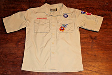 Boy Scouts of America BSA Youth Shirt Tan Medium Sewn Patches Short Sleeve