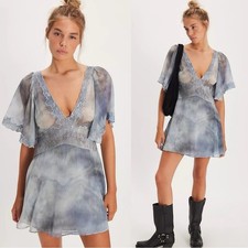 Free People Bohemian Beachy Fairy Chance On Me Mini Dress in Deep Ocean Small