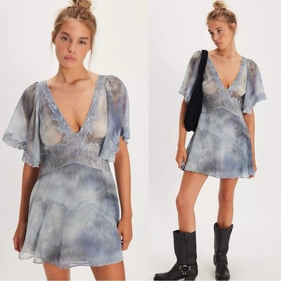 Free People Bohemian Beachy Fairy Chance On Me Mini Dress in Deep Ocean Small