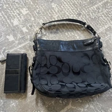 Coach "ZOE" Signature JACQUARD & LEATHER HOBO  Shoulder BAG  BLACK w/wallet 