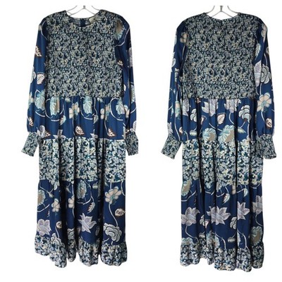 Tuckernuck Womens XXL Libby Floral Smocked Blue Maxi Longsleeve Dress