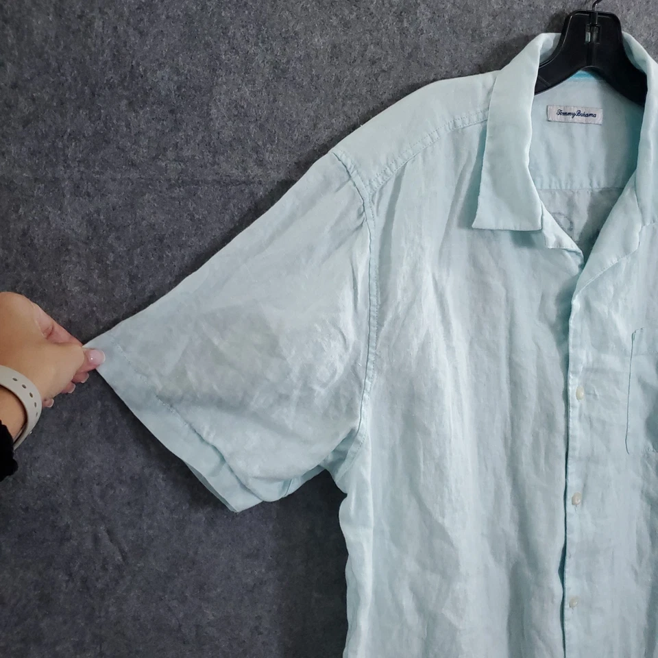 Tommy Bahama Linen Shirt Mens Large Toucan Sunset Embroidered Camp in Grace Sea - Image 4 of 4