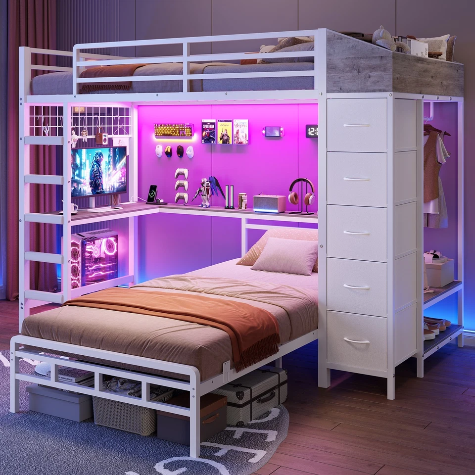 Litera doble sobre doble con árbol de pasillo, litera en forma de L con escritorio, cama para niños Foto 4 de 4