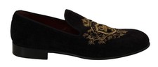 Dolce & Gabbana Loafers Black Velvet Gold Men's Crown Authentic