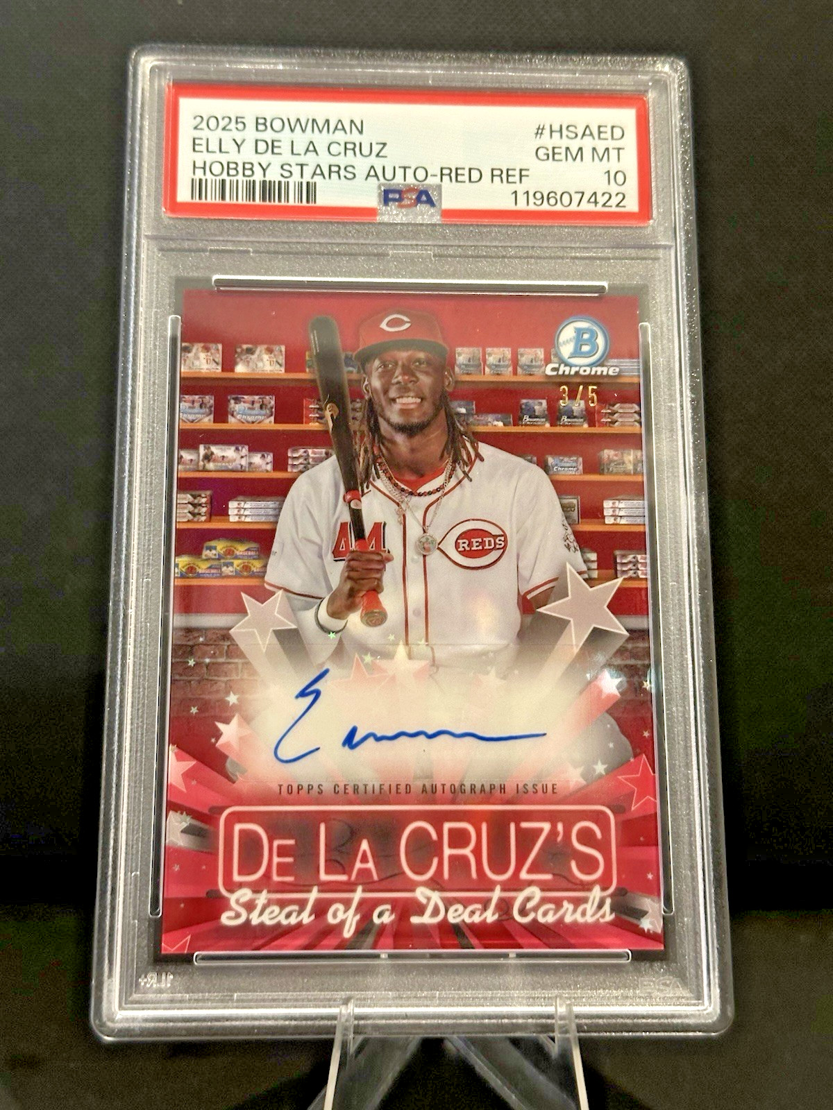 2025 Bowman Elly De La Cruz Hobby Stars Chrome Auto Red Refractor#/5 Reds PSA 10 view 3