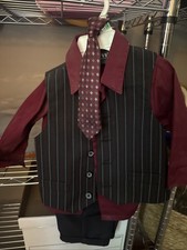 Boys' Burgundy Shirt with Striped Vest  Tie Formal Set